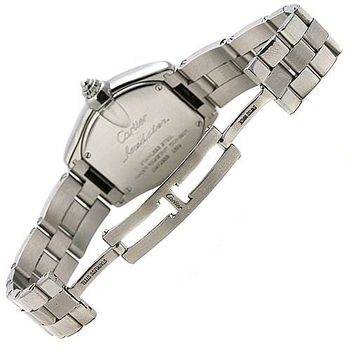 The image shows the back view of a Cartier Roadster W62017V3 Women's Stainless Steel Pink Dial W62017V3 Women's Stainless Steel Pink Dial watch, highlighting the case back, bracelet, and clasp.