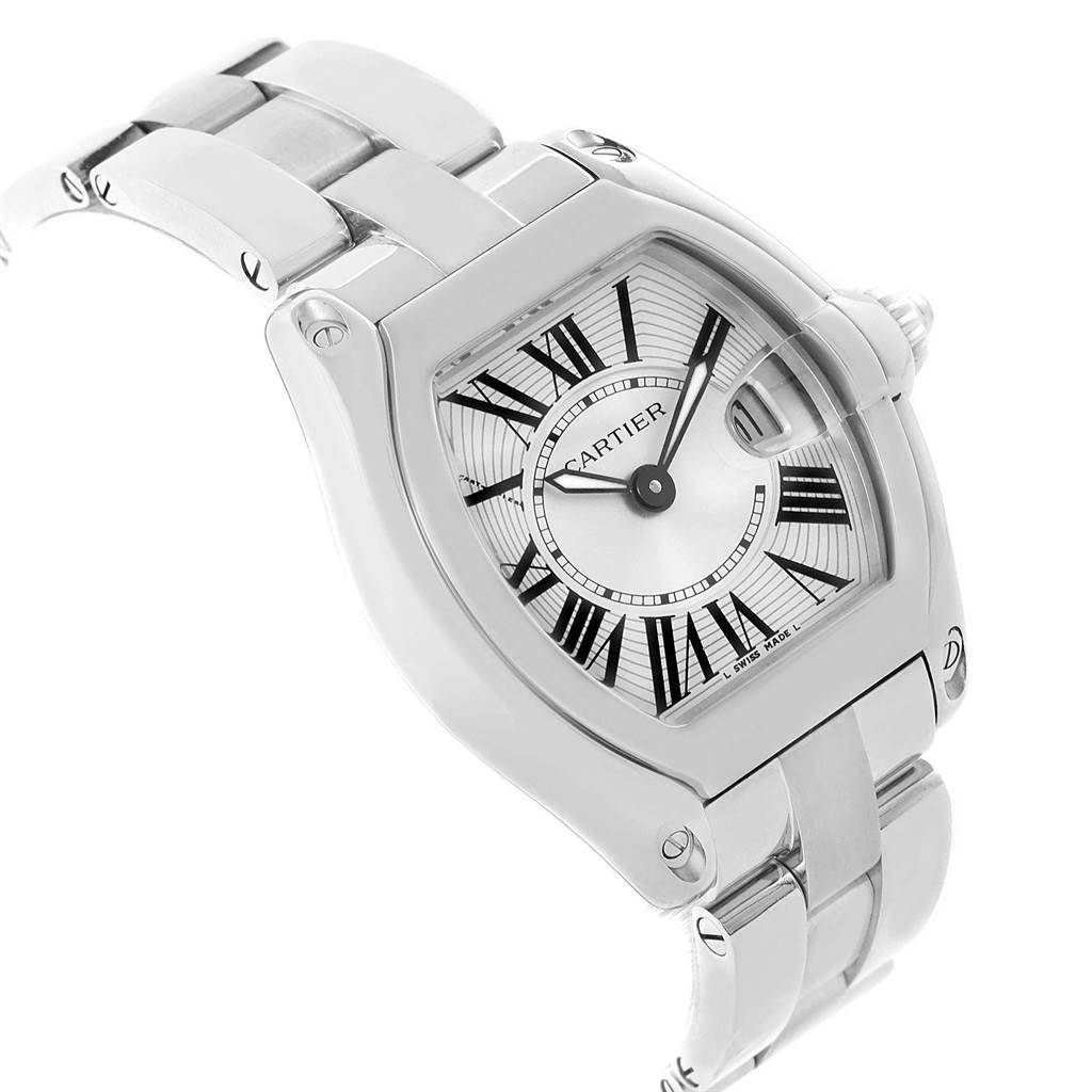This image shows a close-up angle of the Cartier Roadster W62016V3 Women
s Stainless Steel Silver Dial W62016V3 Women
s Stainless Steel Silver Dial model, highlighting its face, bezel, and part of the bracelet.