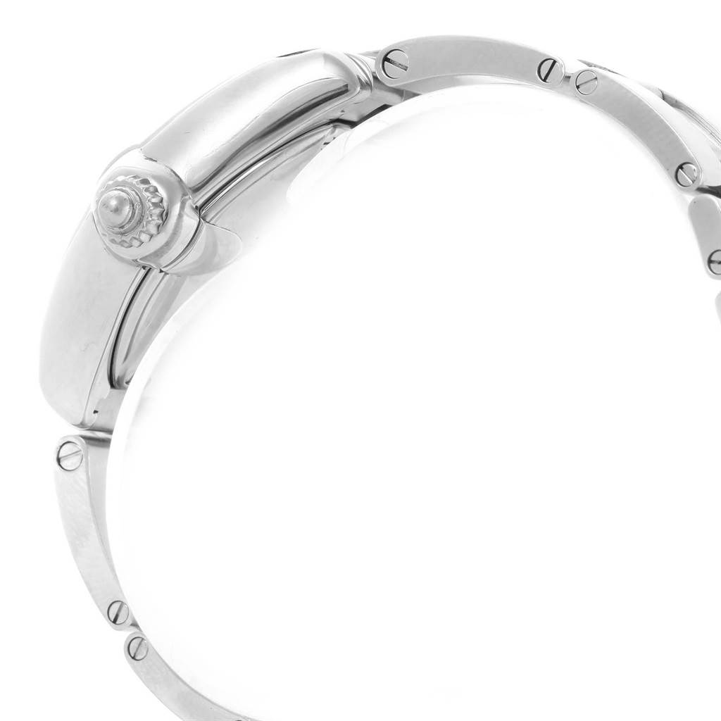 This side view of the Cartier Roadster W62016V3 Women
s Stainless Steel Silver Dial W62016V3 Women
s Stainless Steel Silver Dial watch shows the crown and part of the band.
