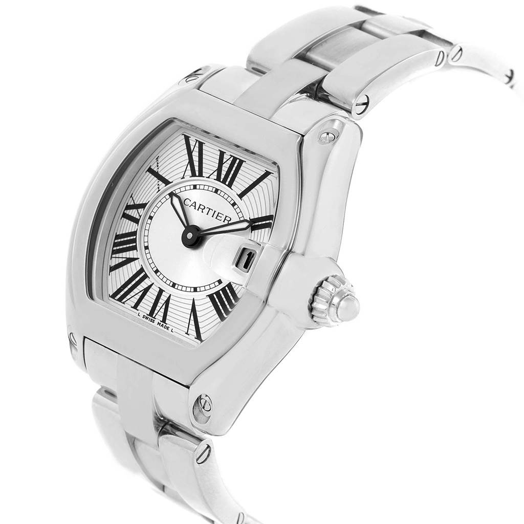 This image shows a close-up of the Cartier Roadster W62016V3 Women
s Stainless Steel Silver Dial W62016V3 Women
s Stainless Steel Silver Dial watch at a slight angle, highlighting its face, crown, and bracelet.