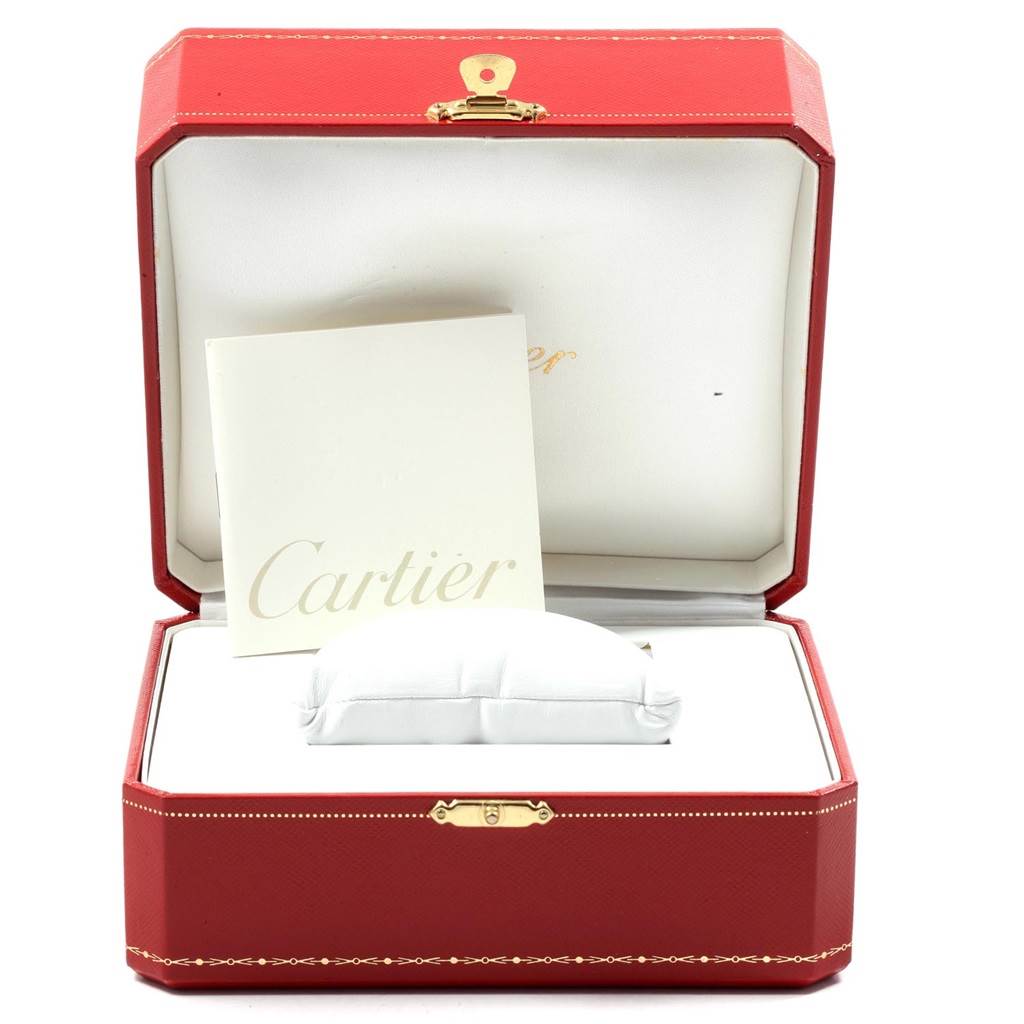 The image shows a Cartier Roadster W62016V3 Women
s Stainless Steel Silver Dial W62016V3 Women
s Stainless Steel Silver Dial watch box, booklet, and cushion from a frontal angle.