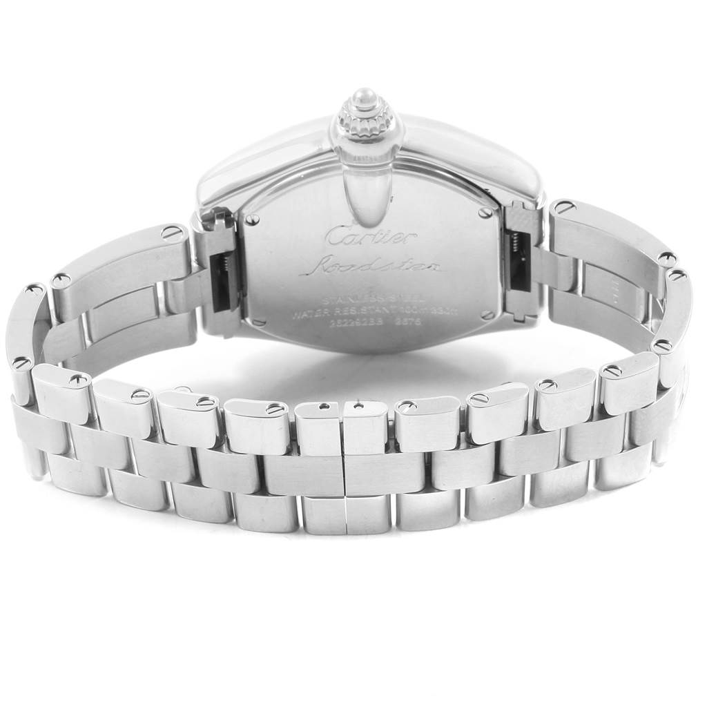 The image shows the back view of a Cartier Roadster W62016V3 Women
s Stainless Steel Silver Dial W62016V3 Women
s Stainless Steel Silver Dial watch, highlighting the case back and metal bracelet.