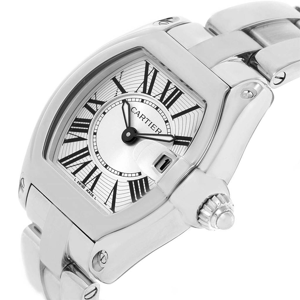 This image shows a close-up angled view of the Cartier Roadster W62016V3 Women's Stainless Steel Silver Dial W62016V3 Women's Stainless Steel Silver Dial watch, highlighting the dial, bezel, and bracelet.