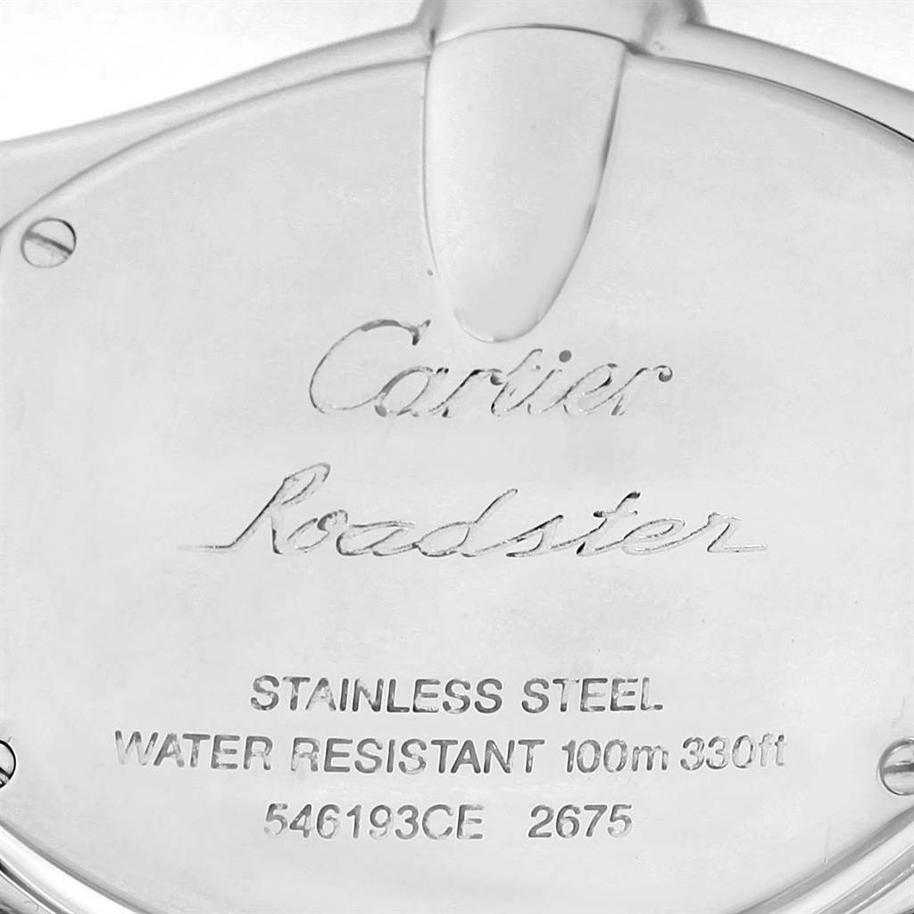 The image shows an engraved close-up of the back casing of a Cartier Roadster W62016V3 Women's Stainless Steel Silver Dial W62016V3 Women's Stainless Steel Silver Dial watch.
