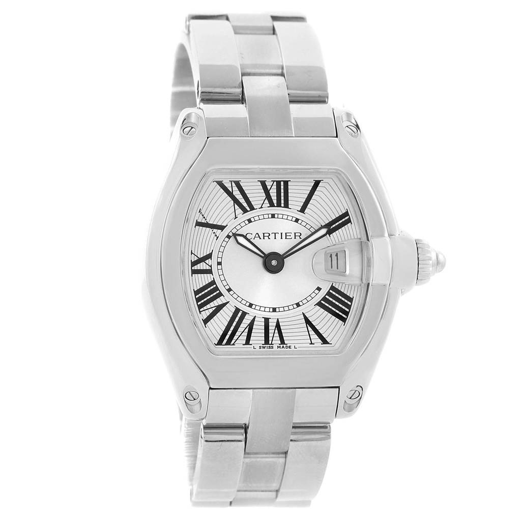 The image shows a front view of a Cartier Roadster W62016V3 Women's Stainless Steel Silver Dial W62016V3 Women's Stainless Steel Silver Dial watch, highlighting its face and bracelet.