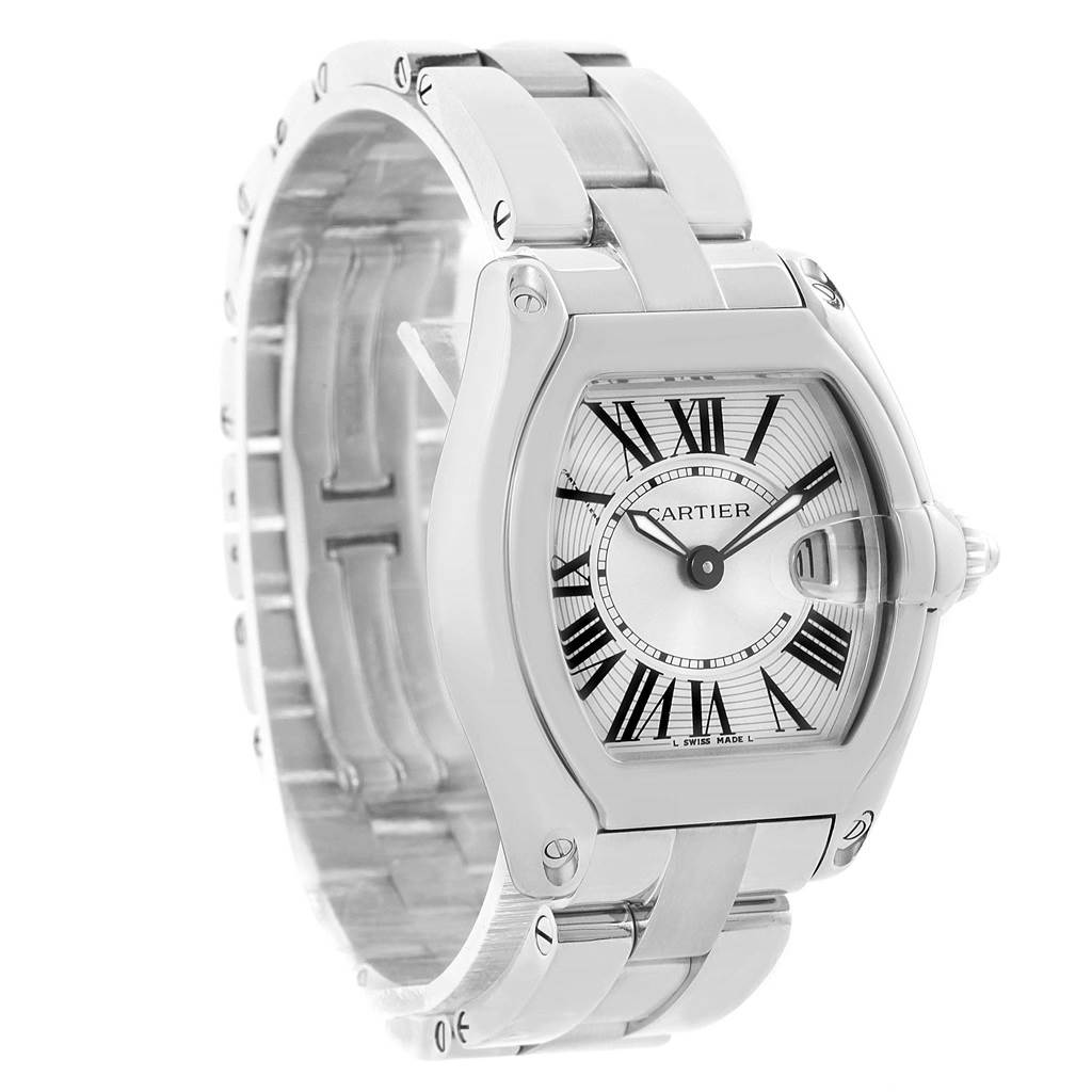 The Cartier Roadster W62016V3 Women's Stainless Steel Silver Dial W62016V3 Women's Stainless Steel Silver Dial watch is shown from an angled perspective highlighting the dial, bezel, and bracelet.