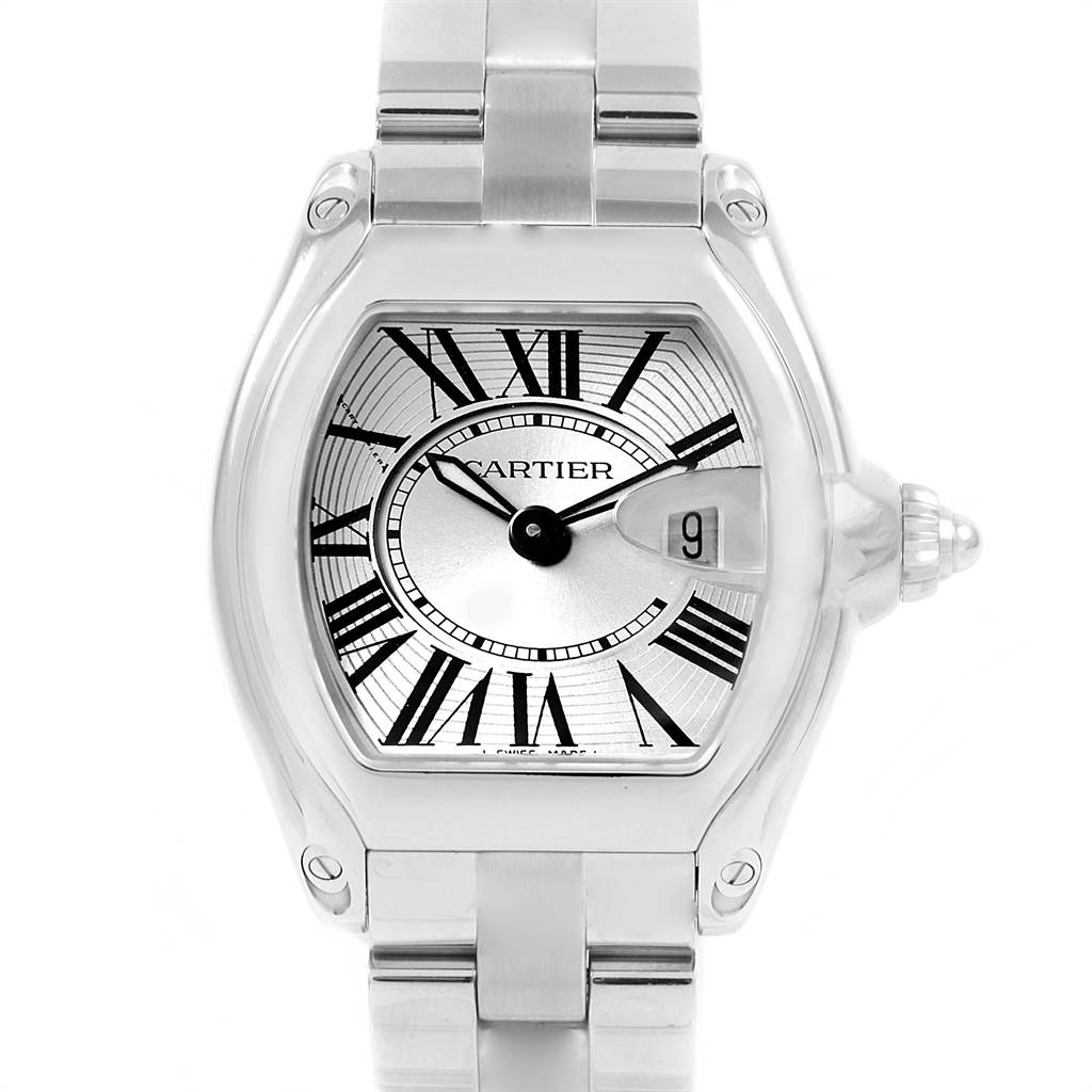 The image shows a front view of the Cartier Roadster W62016V3 Women
s Stainless Steel Silver Dial W62016V3 Women
s Stainless Steel Silver Dial watch, highlighting its face, bezel, and bracelet.