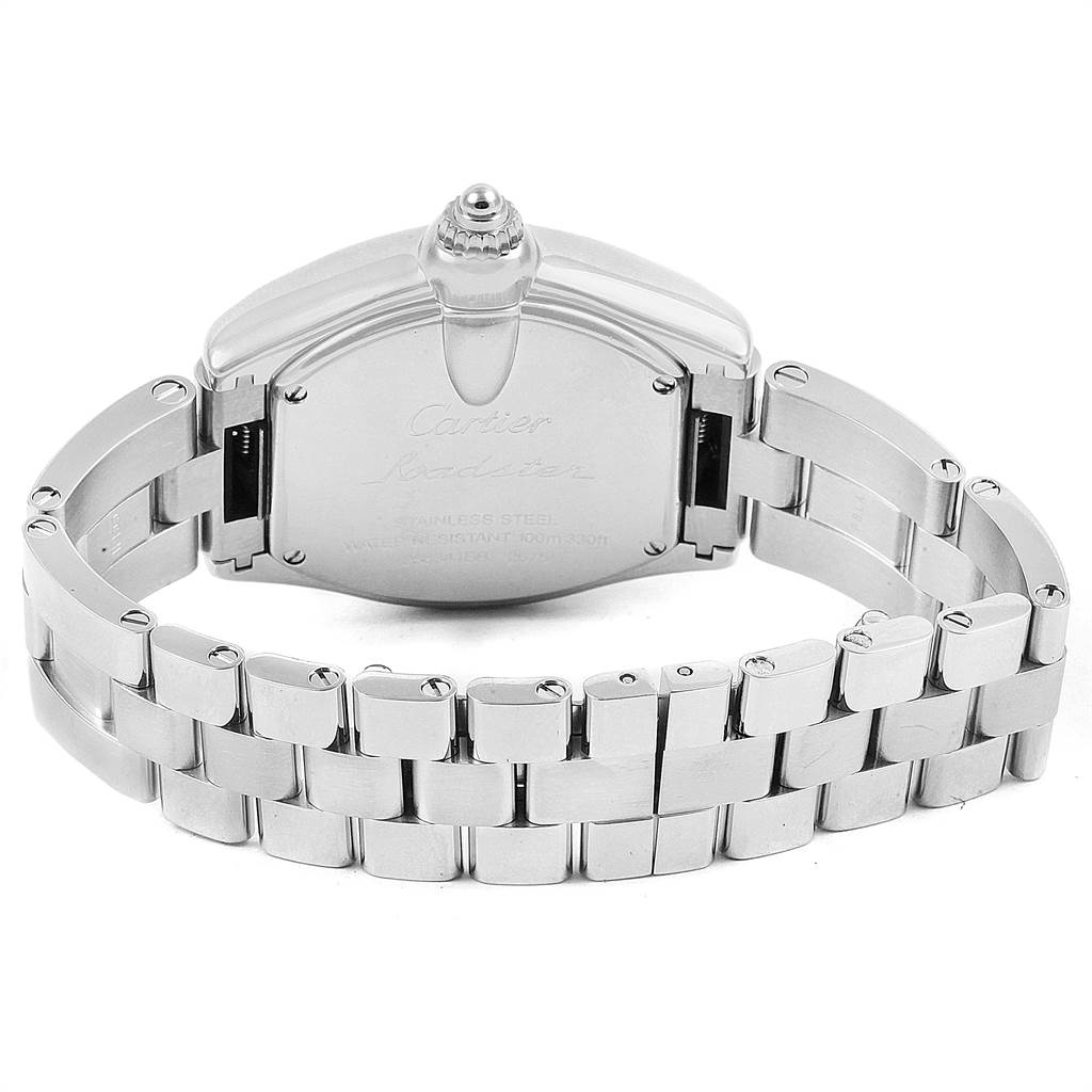 The image shows the back view of a Cartier Roadster W62016V3 Women
s Stainless Steel Silver Dial W62016V3 Women
s Stainless Steel Silver Dial watch, displaying its stainless steel case and bracelet.