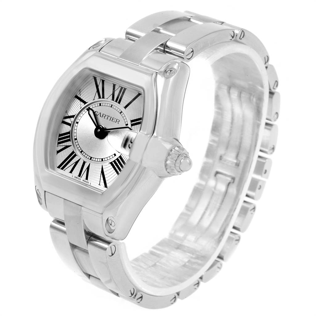 The image shows a Cartier Roadster W62016V3 Women
s Stainless Steel Silver Dial W62016V3 Women
s Stainless Steel Silver Dial watch from a three-quarter angle, highlighting its face, crown, and bracelet.