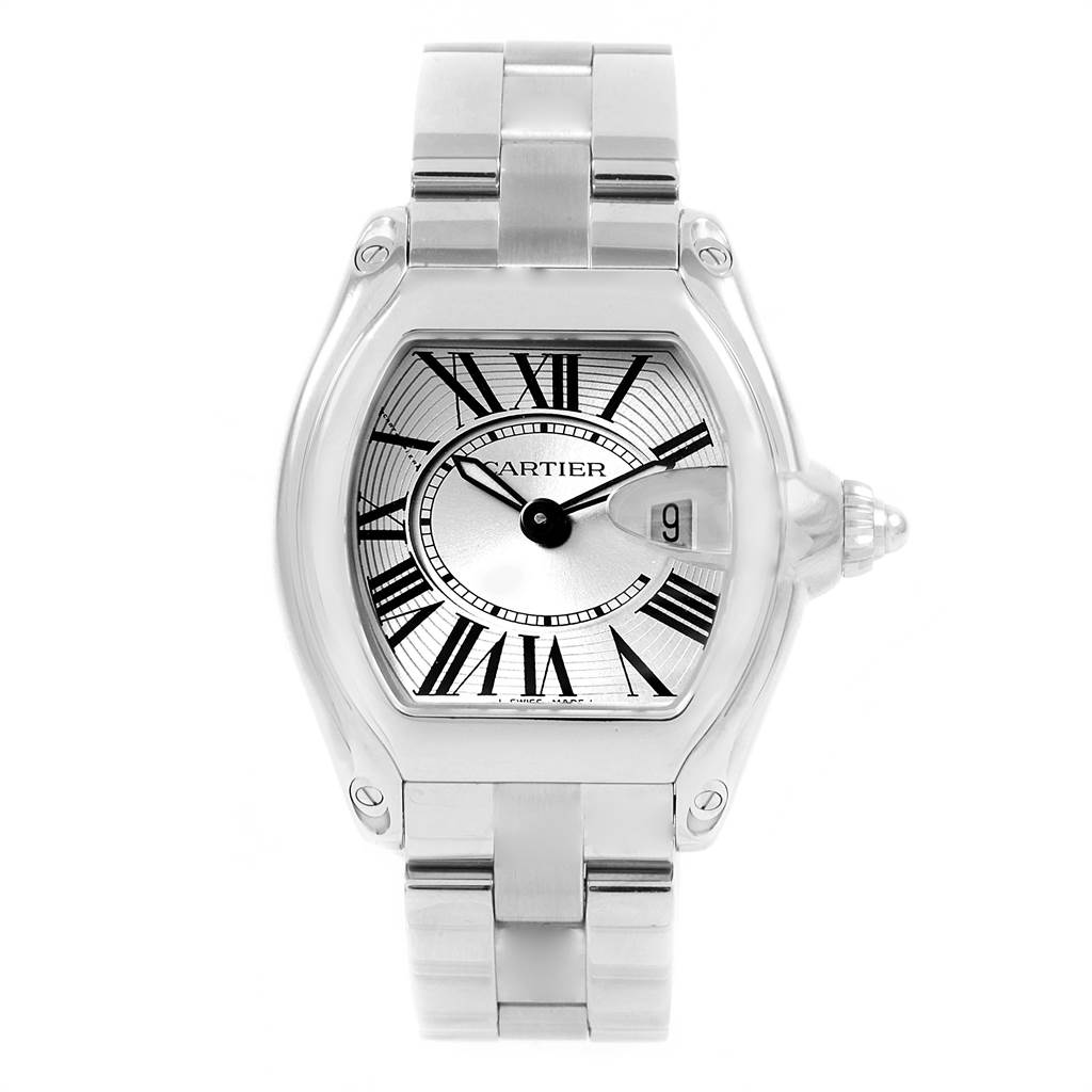 The image shows a front view of the Cartier Roadster W62016V3 Women
s Stainless Steel Silver Dial W62016V3 Women
s Stainless Steel Silver Dial watch, highlighting its dial, case, and bracelet.