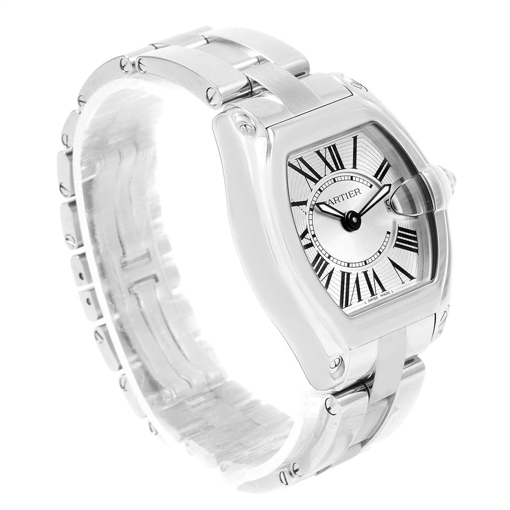 This Cartier Roadster W62016V3 Women
s Stainless Steel Silver Dial W62016V3 Women
s Stainless Steel Silver Dial watch is shown at a three-quarter angle, highlighting its face, bezel, and bracelet.