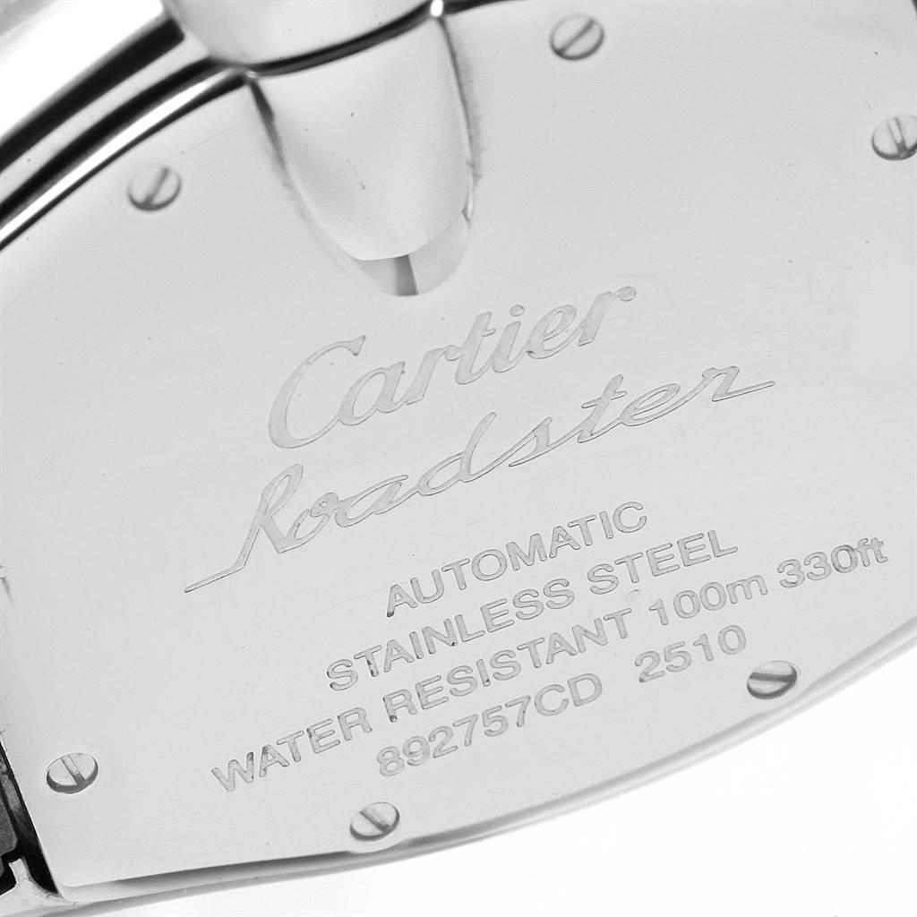 This image shows the back case of the Cartier W62000V3 Stainless Steel Silver Dial W62000V3 Stainless Steel Silver Dial Roadster Men's Steel Red Strap Large Watch W62000V3.