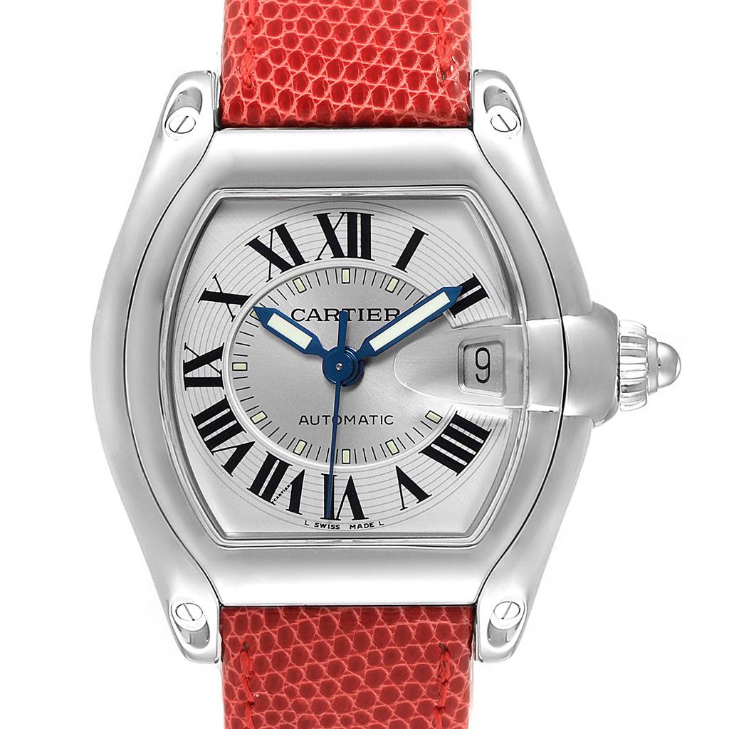 The image shows a front view of the Cartier W62000V3 Stainless Steel Silver Dial W62000V3 Stainless Steel Silver Dial Roadster Men's Steel Red Strap Large Watch, model W62000V3.