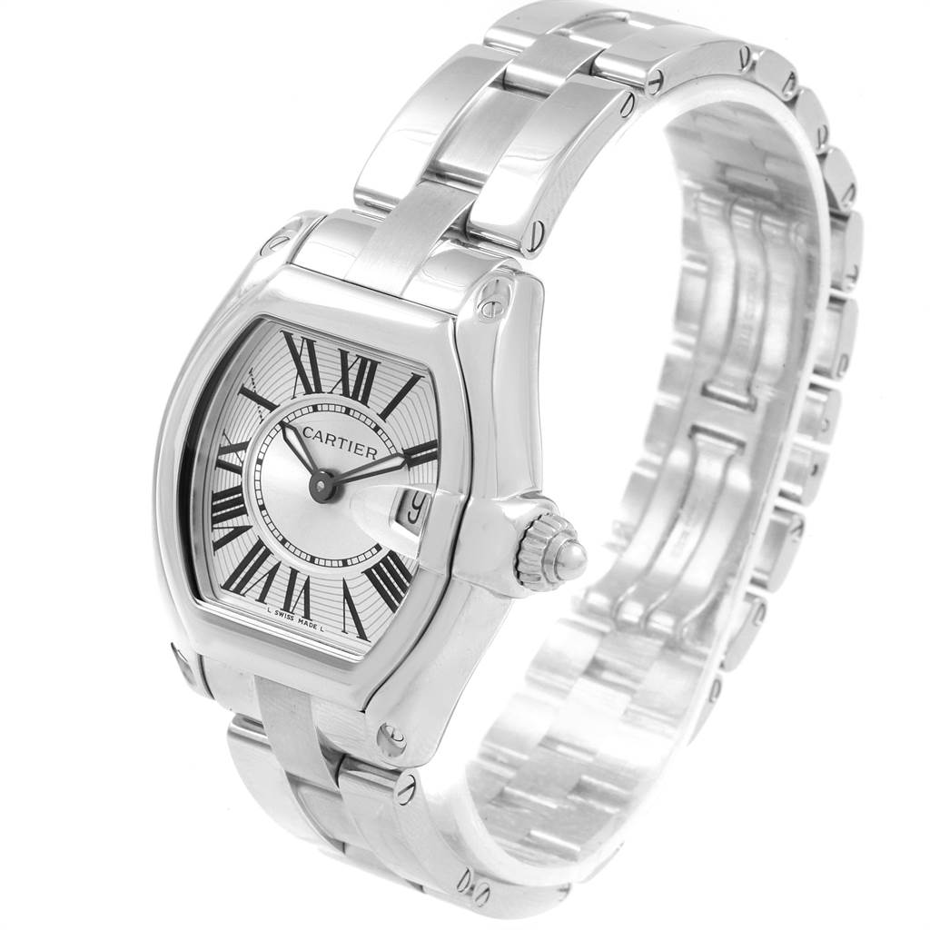 The image shows a Cartier Roadster 17859 Women
s Stainless Steel Silver Dial 17859 Women
s Stainless Steel Silver Dial watch from a three-quarter angle, highlighting the face, crown, and stainless steel bracelet.