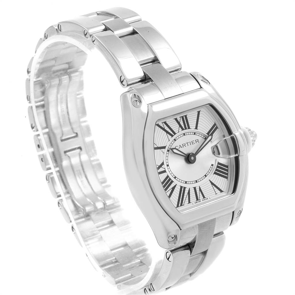 The Cartier Roadster 17859 Women
s Stainless Steel Silver Dial 17859 Women
s Stainless Steel Silver Dial watch is shown at a three-quarter angle, highlighting the face, bezel, and part of the bracelet.
