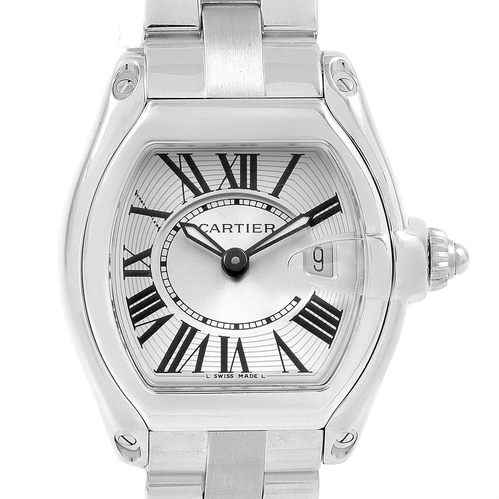 The image shows a frontal view of a Cartier Roadster 17859 Women
s Stainless Steel Silver Dial 17859 Women
s Stainless Steel Silver Dial watch, highlighting the dial, hands, and part of the bracelet.