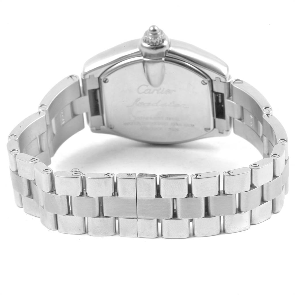 The image shows the back case and bracelet of a Cartier Roadster 17859 Women
s Stainless Steel Silver Dial 17859 Women
s Stainless Steel Silver Dial watch from a rear angle.