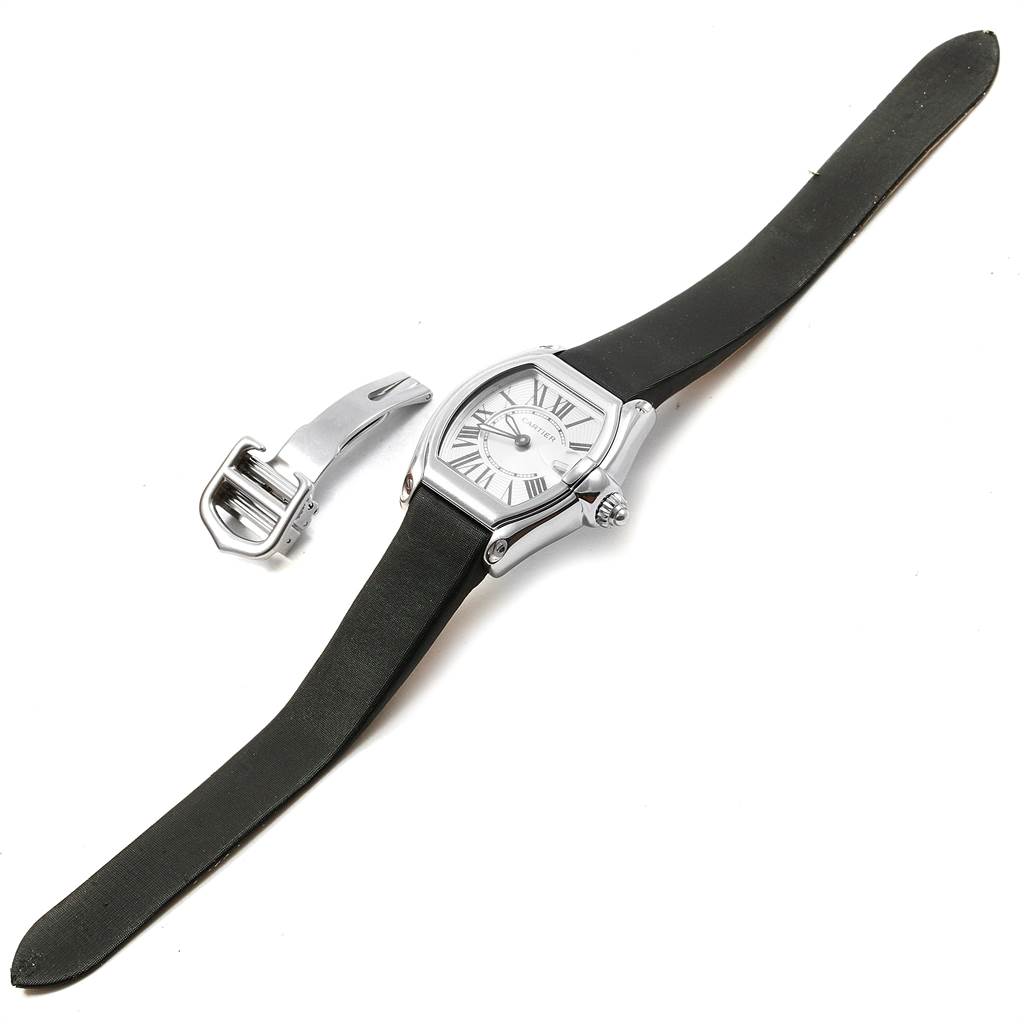 This image shows a Cartier Roadster 17859 Women
s Stainless Steel Silver Dial 17859 Women
s Stainless Steel Silver Dial watch with a black leather strap and a separate metal clasp.