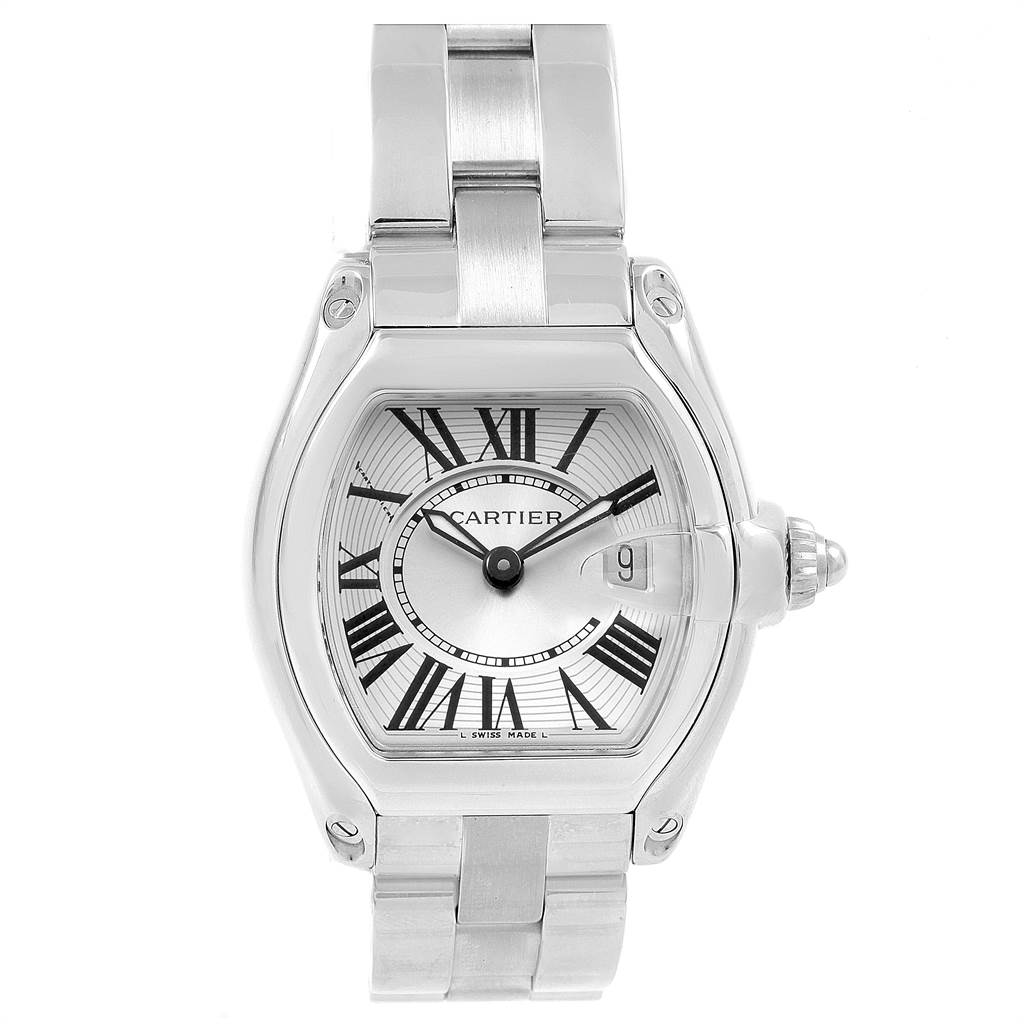 This Cartier Roadster 17859 Women
s Stainless Steel Silver Dial 17859 Women
s Stainless Steel Silver Dial watch image shows a front view, highlighting the dial, bracelet, and crown.