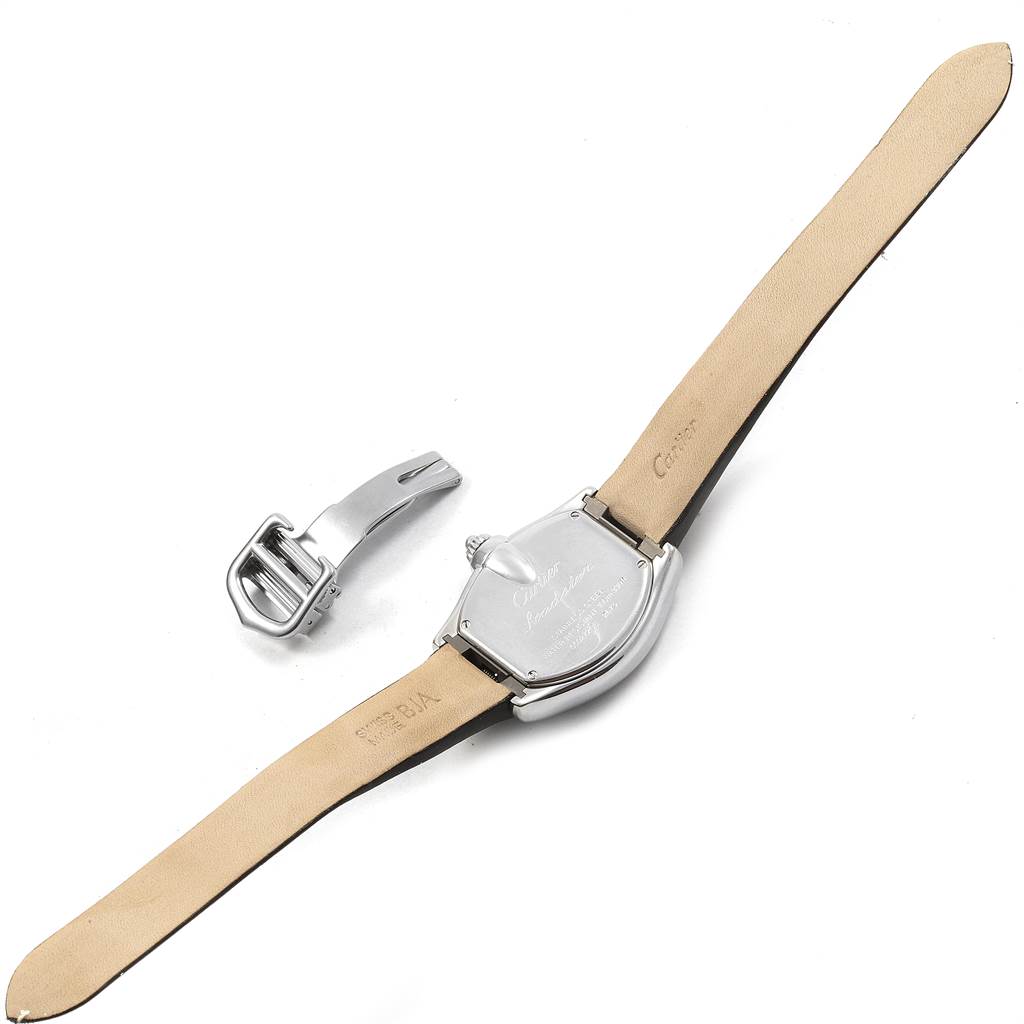 The image shows the back view of a Cartier Roadster 17859 Women
s Stainless Steel Silver Dial 17859 Women
s Stainless Steel Silver Dial watch, along with its detached clasp.