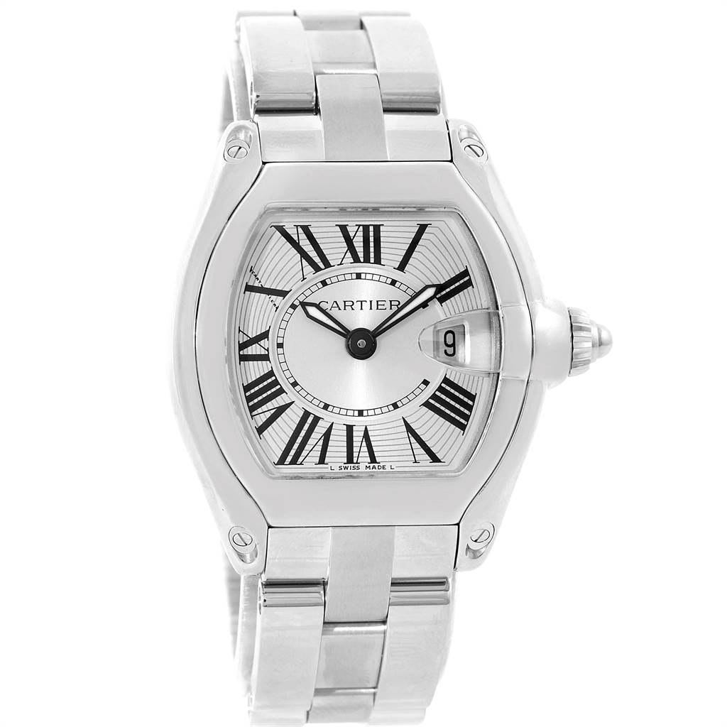 The image shows a frontal view of a Cartier Roadster W62016V3 Women
s Stainless Steel Silver Dial W62016V3 Women
s Stainless Steel Silver Dial watch, highlighting the dial, Roman numerals, and metal bracelet.