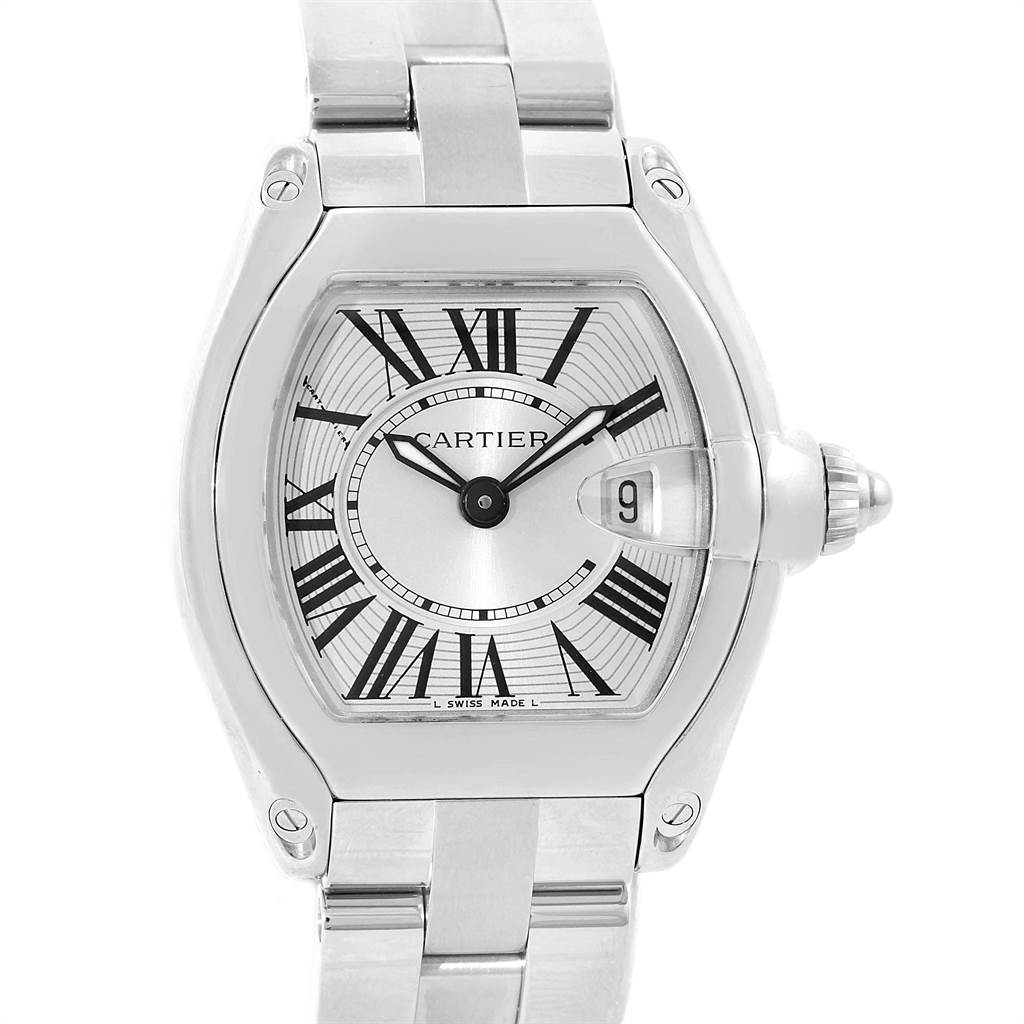 The Cartier Roadster W62016V3 Women
s Stainless Steel Silver Dial W62016V3 Women
s Stainless Steel Silver Dial watch is shown from a front angle, displaying its face, bezel, and part of the bracelet.