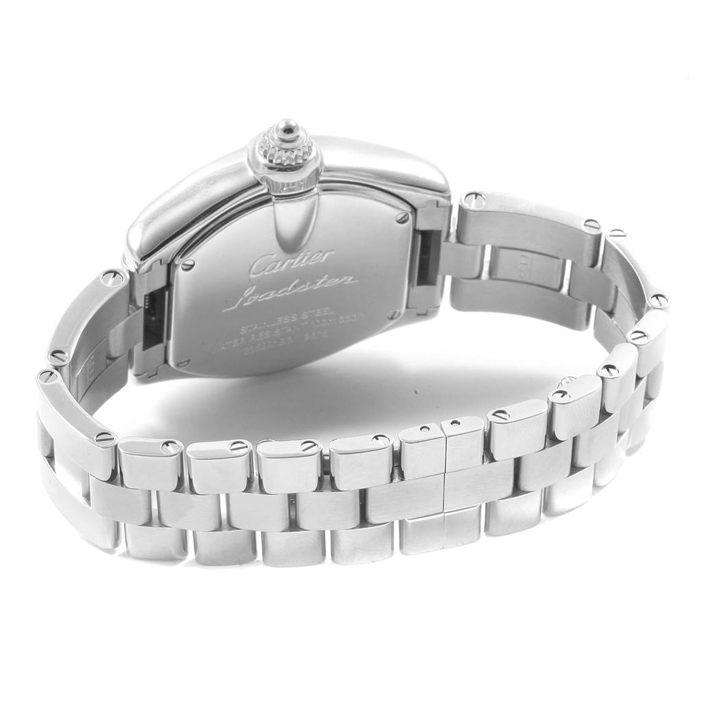 The image shows the back case and bracelet of the Cartier Roadster W62016V3 Women
s Stainless Steel Silver Dial W62016V3 Women
s Stainless Steel Silver Dial watch from an oblique rear angle.