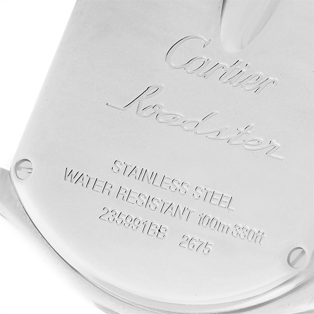 The image shows the back case of the Cartier Roadster W62016V3 Women
s Stainless Steel Silver Dial W62016V3 Women
s Stainless Steel Silver Dial watch, highlighting its branding and specifications.
