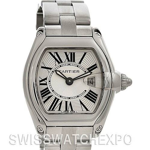 This image shows a frontal view of a Cartier Roadster W62016V3 Women
s Stainless Steel Silver Dial W62016V3 Women
s Stainless Steel Silver Dial watch, highlighting its face, bracelet, and crown.