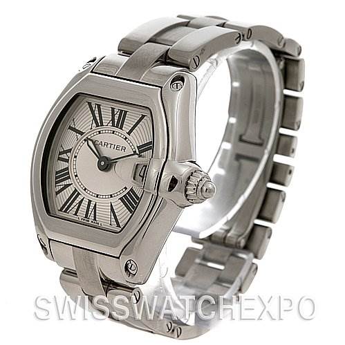 This image shows a Cartier Roadster W62016V3 Women
s Stainless Steel Silver Dial W62016V3 Women
s Stainless Steel Silver Dial watch from a three-quarters angle, highlighting the face, band, and screw-in crown.