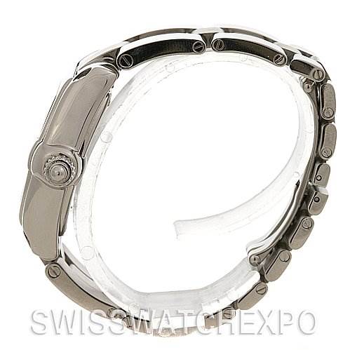 A side view of the Cartier Roadster W62016V3 Women
s Stainless Steel Silver Dial W62016V3 Women
s Stainless Steel Silver Dial watch, featuring its stainless steel case and bracelet, with the crown and clasp visible.