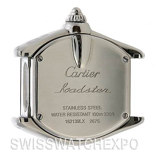 This image shows the back case of a Cartier Roadster W62016V3 Women
s Stainless Steel Silver Dial W62016V3 Women
s Stainless Steel Silver Dial watch, displaying its engravings and stainless steel construction.