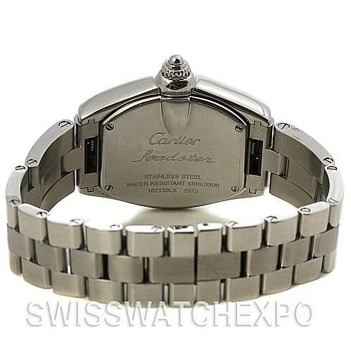 The image shows the stainless steel back and bracelet of a Cartier Roadster W62016V3 Women
s Stainless Steel Silver Dial W62016V3 Women
s Stainless Steel Silver Dial watch.