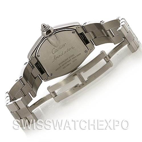The image displays the back case and partially open bracelet of a Cartier Roadster W62016V3 Women
s Stainless Steel Silver Dial W62016V3 Women
s Stainless Steel Silver Dial watch.