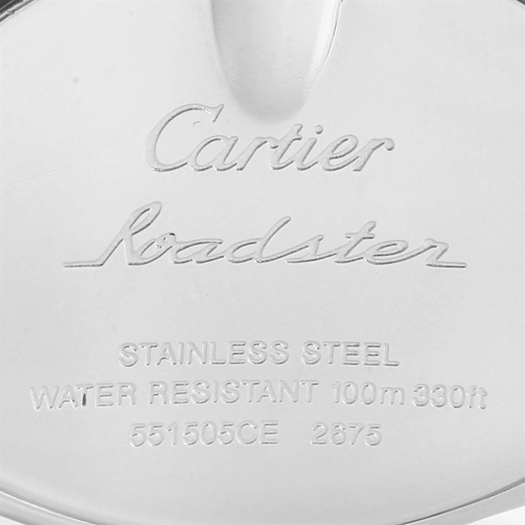 This image shows the back case of a Cartier Roadster W62017V3 Women's Stainless Steel Pink Dial W62017V3 Women's Stainless Steel Pink Dial watch, detailing its material and water resistance.