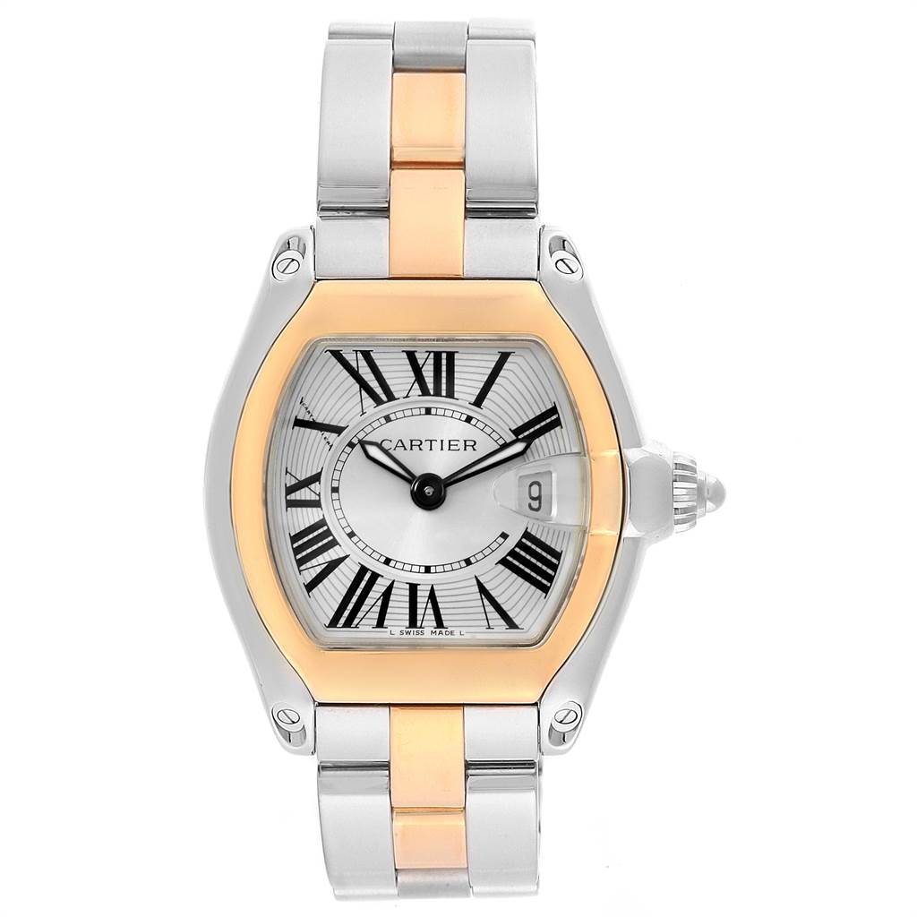 The image shows a Cartier Roadster W62026Y4 Women's Steel and Gold (two tone) Silver Dial W62026Y4 Women's Steel and Gold (two tone) Silver Dial watch from the front, highlighting its dial, Roman numerals, and two-tone metal bracelet.