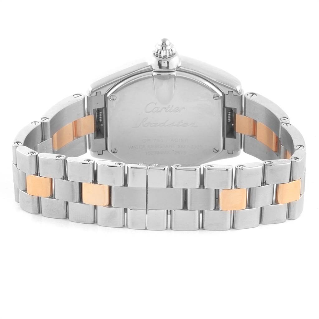 The image shows the back view of a Cartier Roadster W62026Y4 Women's Steel and Gold (two tone) Silver Dial W62026Y4 Women's Steel and Gold (two tone) Silver Dial watch, highlighting its casing and metal strap.