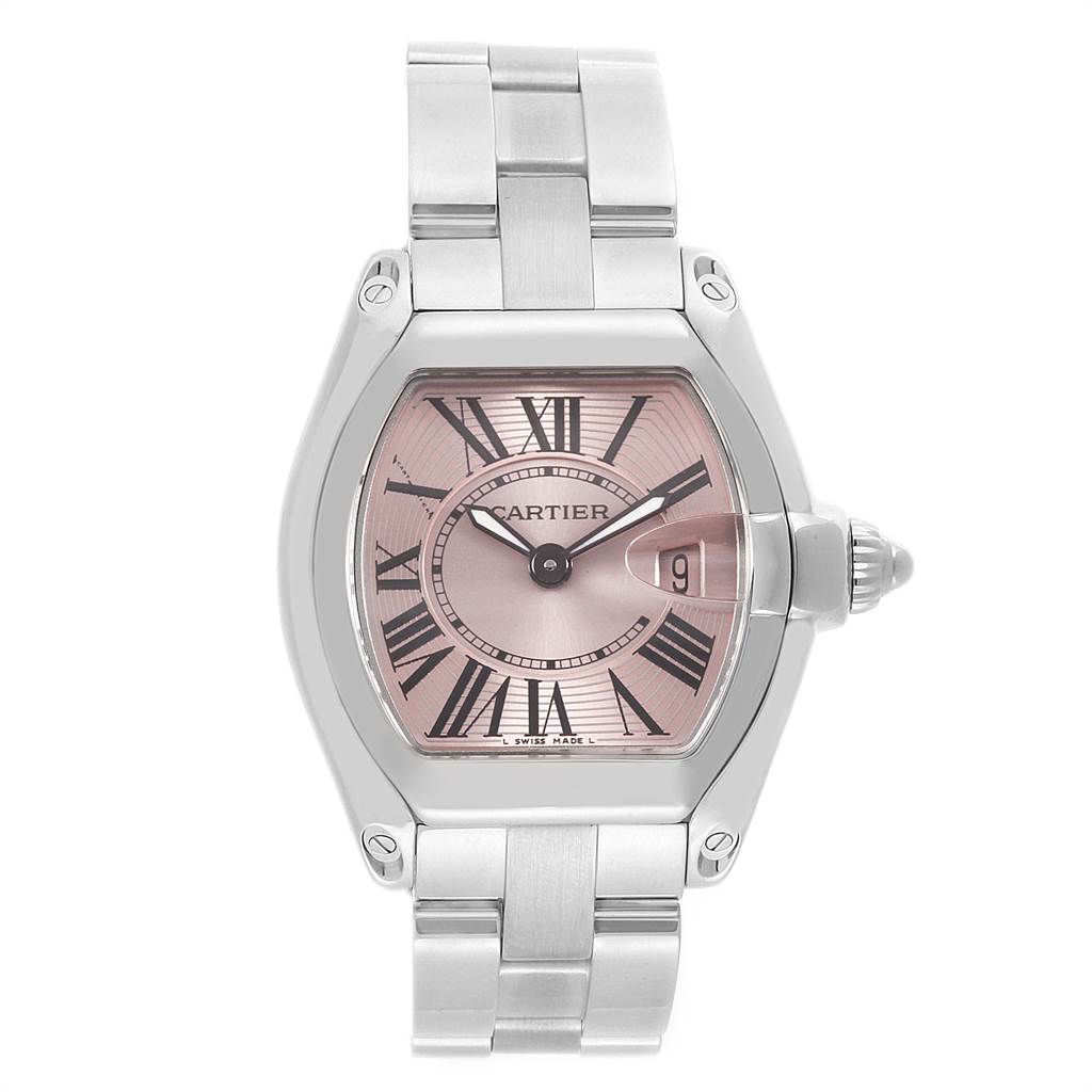 The Cartier Roadster W62017V3 Women's Stainless Steel Pink Dial W62017V3 Women's Stainless Steel Pink Dial watch is shown from a front angle, displaying its full dial, case, and bracelet.