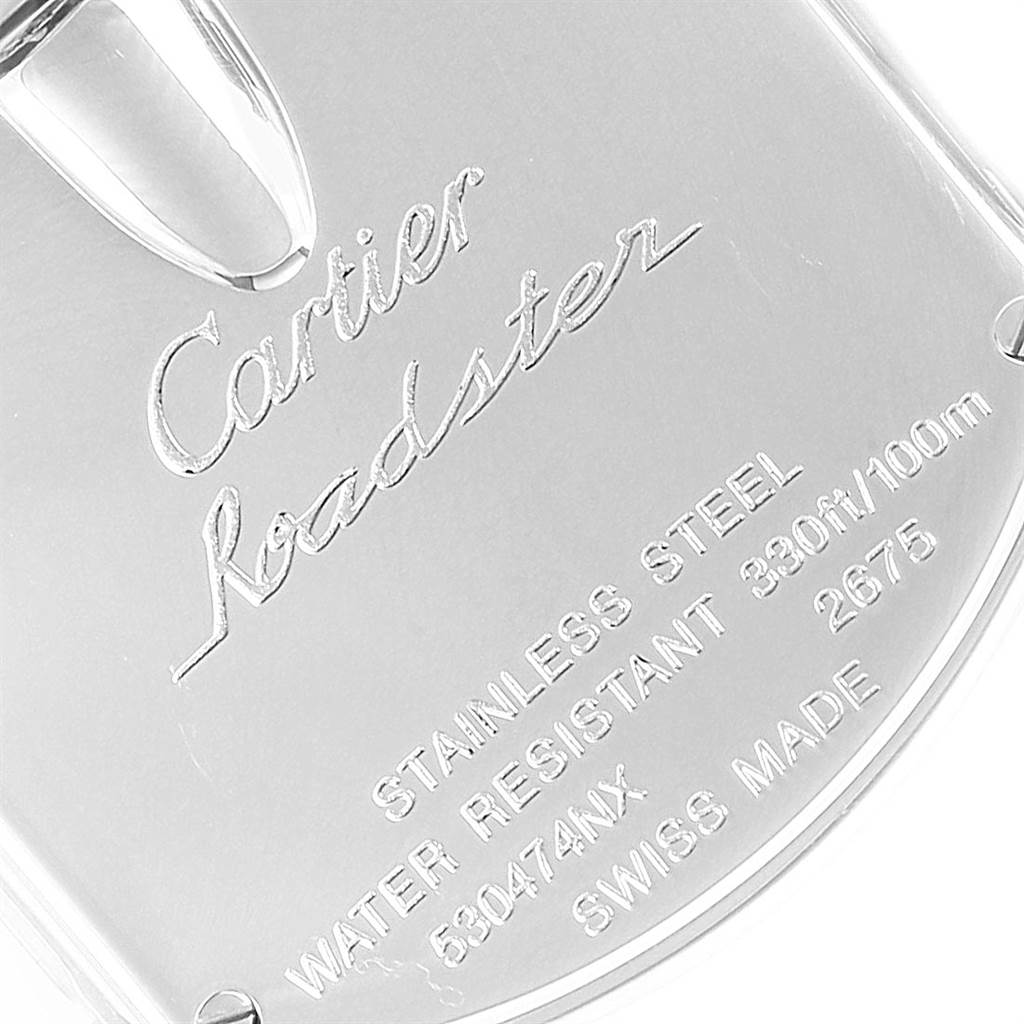This image shows the back case of the Cartier Roadster W62017V3 Women's Stainless Steel Pink Dial W62017V3 Women's Stainless Steel Pink Dial watch, detailing its model information and specifications.