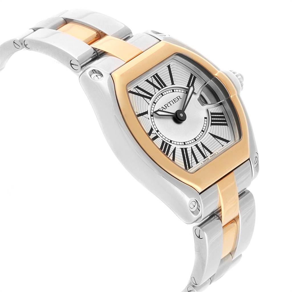The Cartier Roadster W62026Y4 Women's Steel and Gold (two tone) Silver Dial W62026Y4 Women's Steel and Gold (two tone) Silver Dial watch is shown at an angle highlighting the face, bezel, and bracelet.