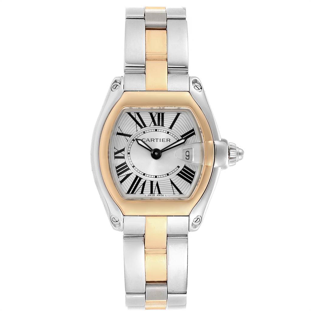 This image shows a front view of a Cartier Roadster W62026Y4 Women's Steel and Gold (two tone) Silver Dial W62026Y4 Women's Steel and Gold (two tone) Silver Dial watch, displaying its dial, bezel, crown, and bracelet.