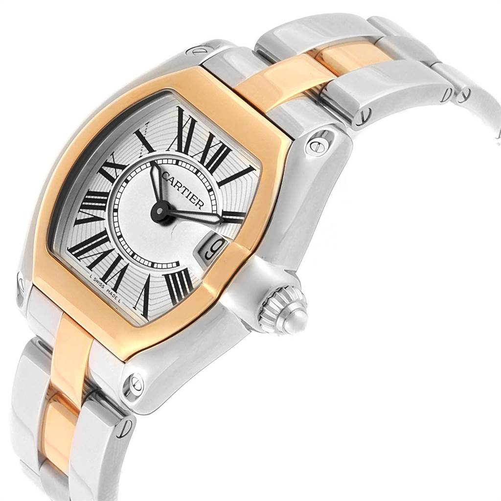 The Cartier Roadster W62026Y4 Women's Steel and Gold (two tone) Silver Dial W62026Y4 Women's Steel and Gold (two tone) Silver Dial watch is shown at a side angle, displaying its face, crown, and two-tone metal bracelet.