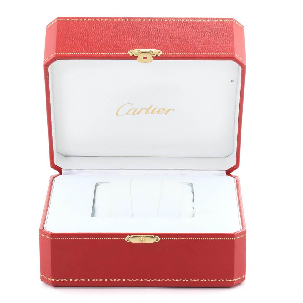 The image shows a Cartier Roadster W62053V3 Women's Stainless Steel Blue Dial W62053V3 Women's Stainless Steel Blue Dial watch box, photographed from the front with its lid open, revealing the interior.