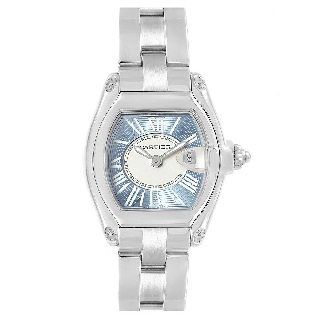 The Cartier Roadster W62053V3 Women's Stainless Steel Blue Dial W62053V3 Women's Stainless Steel Blue Dial watch is shown from the front, displaying the face, bezel, and metal bracelet.