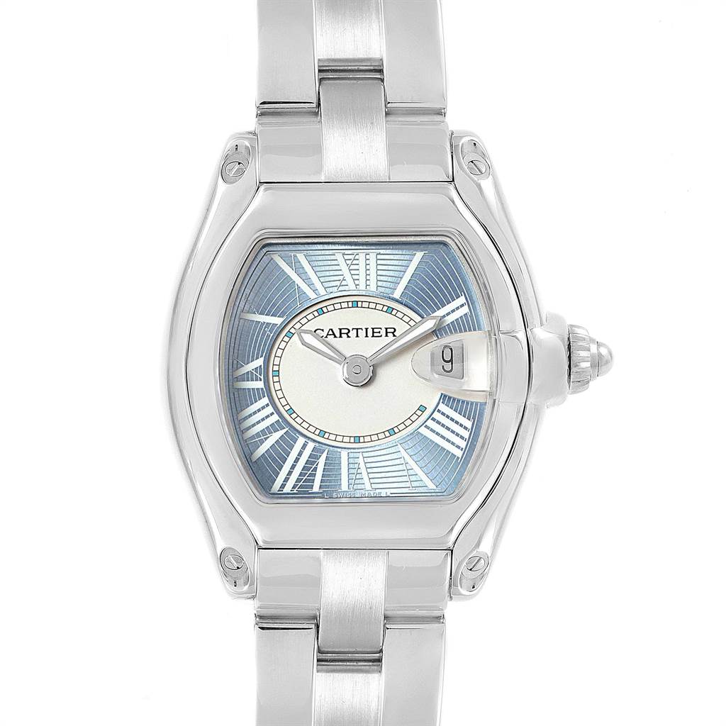 The image shows a front view of the Cartier Roadster W62053V3 Women's Stainless Steel Blue Dial W62053V3 Women's Stainless Steel Blue Dial watch, highlighting its dial, hands, crown, and part of the bracelet.