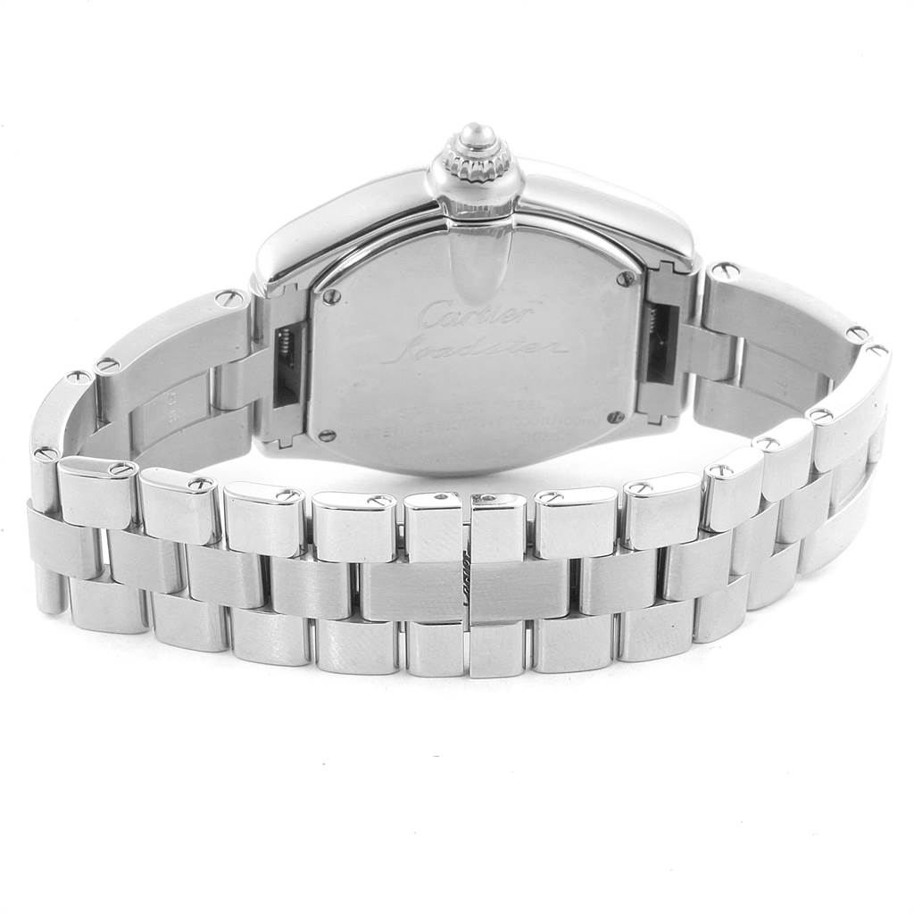 The image shows the back view of the Cartier Roadster W62053V3 Women's Stainless Steel Blue Dial W62053V3 Women's Stainless Steel Blue Dial watch focusing on the case back and stainless steel bracelet.