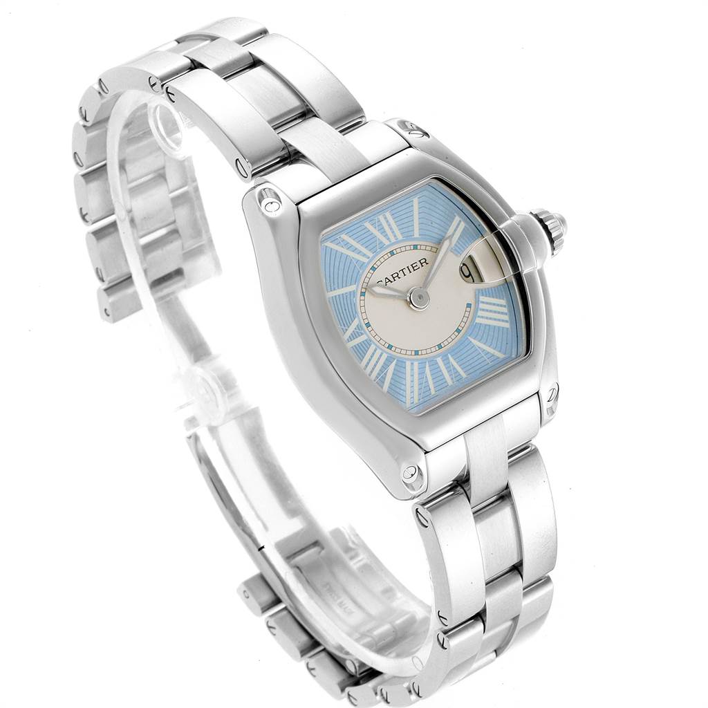 The Cartier Roadster W62053V3 Women's Stainless Steel Blue Dial W62053V3 Women's Stainless Steel Blue Dial watch is shown at a three-quarter angle, displaying its face, bezel, and bracelet.