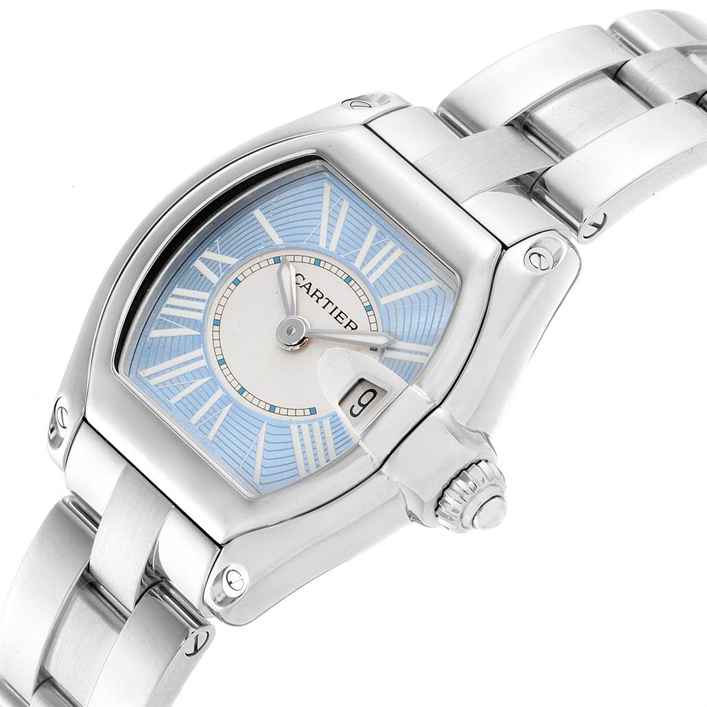 The image shows a close-up angled view of a Cartier Roadster W62053V3 Women's Stainless Steel Blue Dial W62053V3 Women's Stainless Steel Blue Dial watch, highlighting the face, case, crown, and part of the metal bracelet.