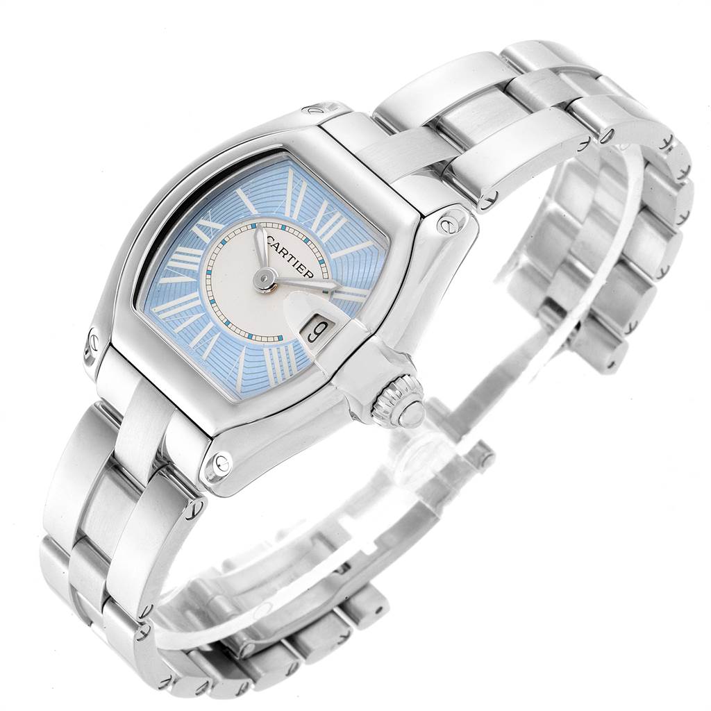 This image shows an angled view of the Cartier Roadster W62053V3 Women's Stainless Steel Blue Dial W62053V3 Women's Stainless Steel Blue Dial watch, highlighting the dial, band, and crown.