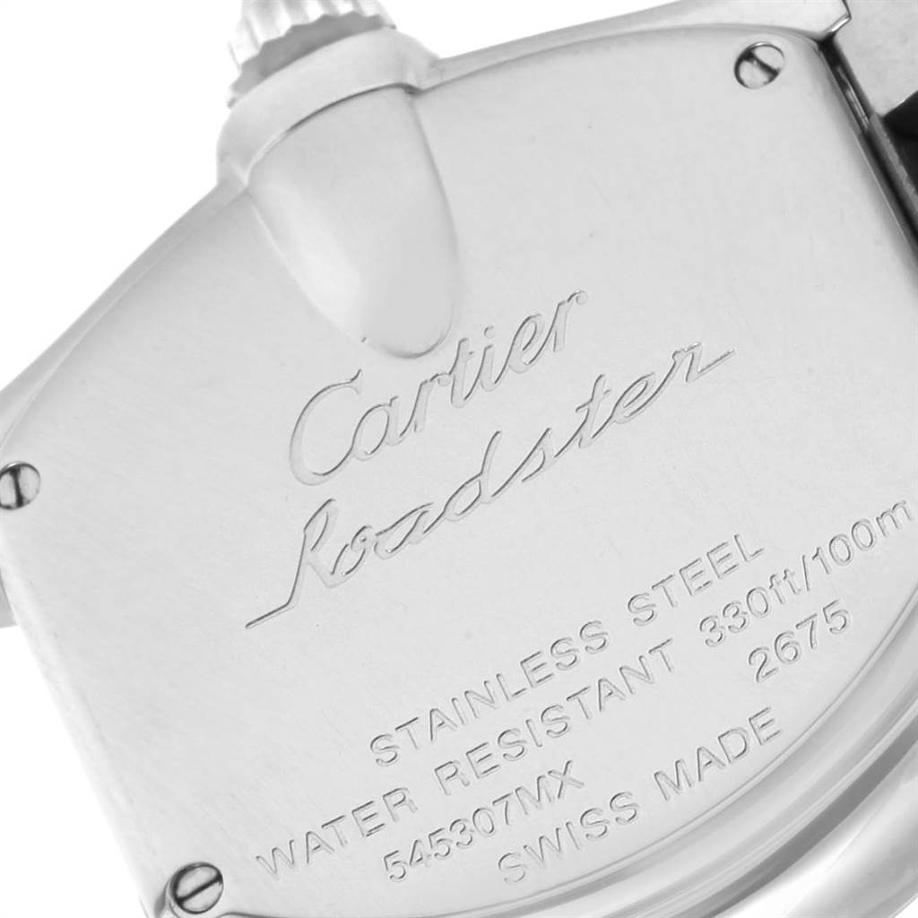 The image shows the back case of a Cartier Roadster W62053V3 Women's Stainless Steel Blue Dial W62053V3 Women's Stainless Steel Blue Dial watch, highlighting its stainless steel build and water resistance.